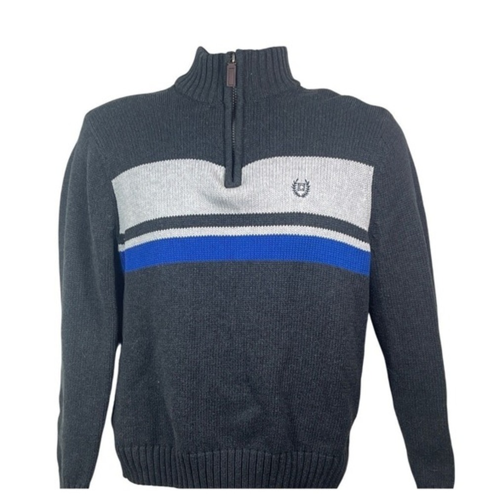 Chaps Quarter Zip Sweater Charcoal‎ Striped coastal grandpa preppy athletic